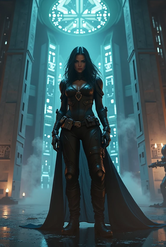 young Angelina Jolie, Full body pose wearing a mechanical suit, Large Breast, Mechanical wonder, Cyberpunk, Cybernetic Guardian, futuristic sexy black armor, full body, front pose, symmetry, intricate (steel metal [rust]), joints, warframe style, cyborg, fit muscular female body and armor, Beautiful body, Massive silicone breast, pale skin, seductive, temptation, eat your soul, clevage, long flowing black hair with purple highlights, heavy gothic makeup, at night, neon, most beautiful intricate detailed glowing chainsaw sword , sith queen, warrior queen, black latex cloak, stiletto heels, full body pose, wartorn ruins in the background, explosions and fire, night light, dark, hdr, detailed face, detailed skin, cinematic, dramatic, (cyberpunk megapolis:1.3), neon light, deep neckline, high heels, full body pose, stiletto heels, high heels