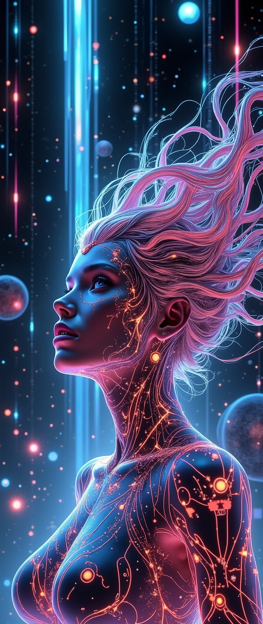 (masterpiece:1.2,  high image quality,Mirror Finish , cinematic experience, best illustrations:2.0,  super detailed  ),8k,16k,wallpaper,Beautiful female cyborg, psychedelic ,progressive,SF, cyberpunk,glow line art,The background is an abstract group of planets , The background is a large grid pattern of light lines ,( face up to hairstyle),( depth of field ),(nSFw)