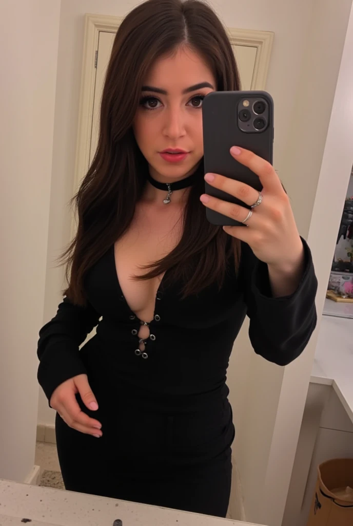 A mirror selfie of chrissy wearing a naughty black evening dress with a visible cleavage and a black choker necklace, dark brown hair, looking straight at the viewer
