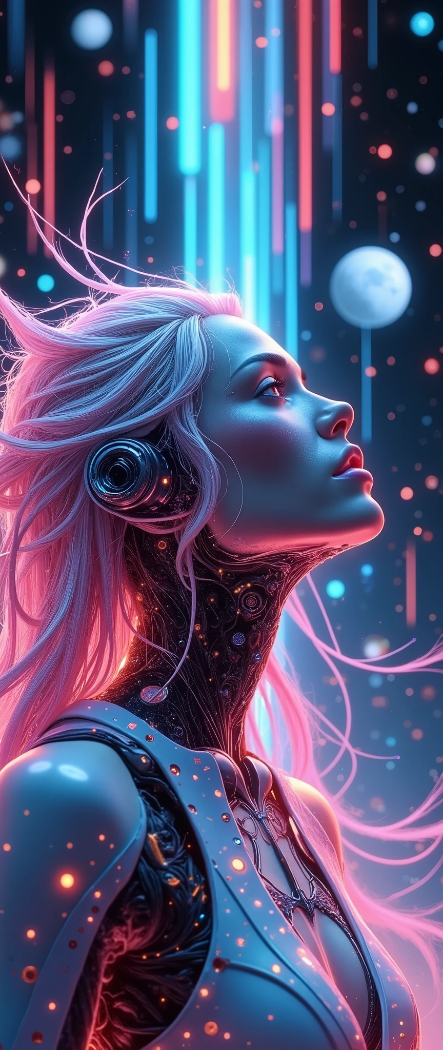 (masterpiece:1.2,  high image quality,Mirror Finish , cinematic experience, best illustrations:2.0,  super detailed  ),8k,16k,wallpaper,Beautiful female cyborg, psychedelic ,progressive,SF, cyberpunk,glow line art,The background is an abstract group of planets , The background is a large grid pattern of light lines ,( face up to hairstyle),( depth of field ),(nSFw)