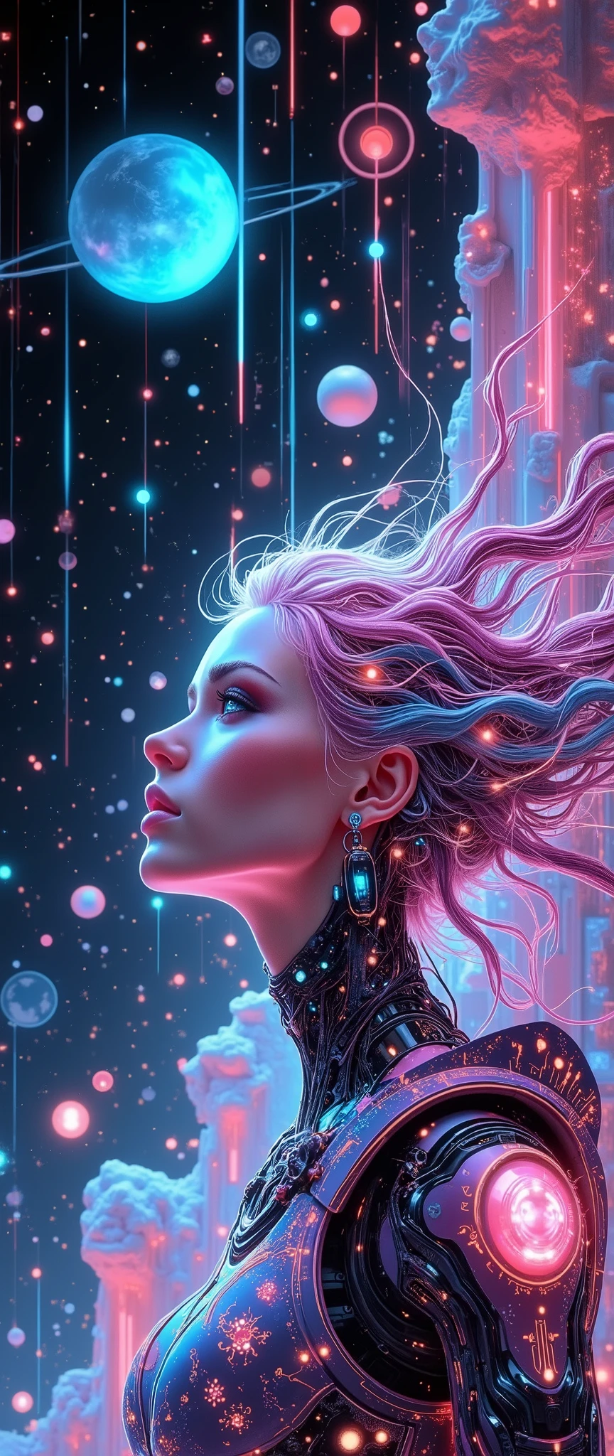 (masterpiece:1.2,  high image quality,Mirror Finish , cinematic experience, best illustrations:2.0,  super detailed  ),8k,16k,wallpaper,Beautiful female cyborg, psychedelic ,progressive,SF, cyberpunk,glow line art,The background is an abstract group of planets , The background is a large grid pattern of light lines ,( face up to hairstyle),( depth of field ),(nSFw)