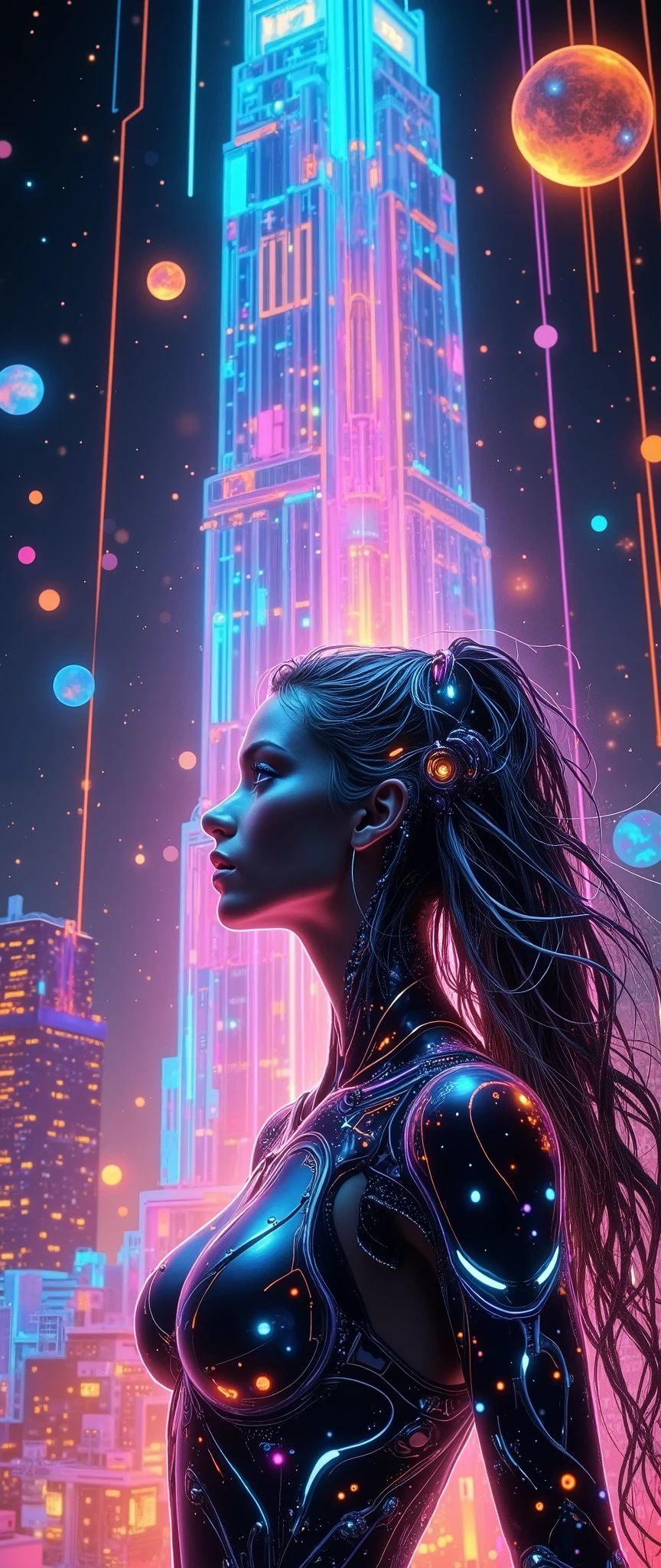 (masterpiece:1.2,  high image quality,Mirror Finish , cinematic experience, best illustrations:2.0,  super detailed  ),8k,16k,wallpaper,Beautiful female cyborg, psychedelic ,progressive,SF, cyberpunk,glow line art,The background is an abstract group of planets , The background is a large grid pattern of light lines ,( face up to hairstyle),( depth of field ),(nSFw)