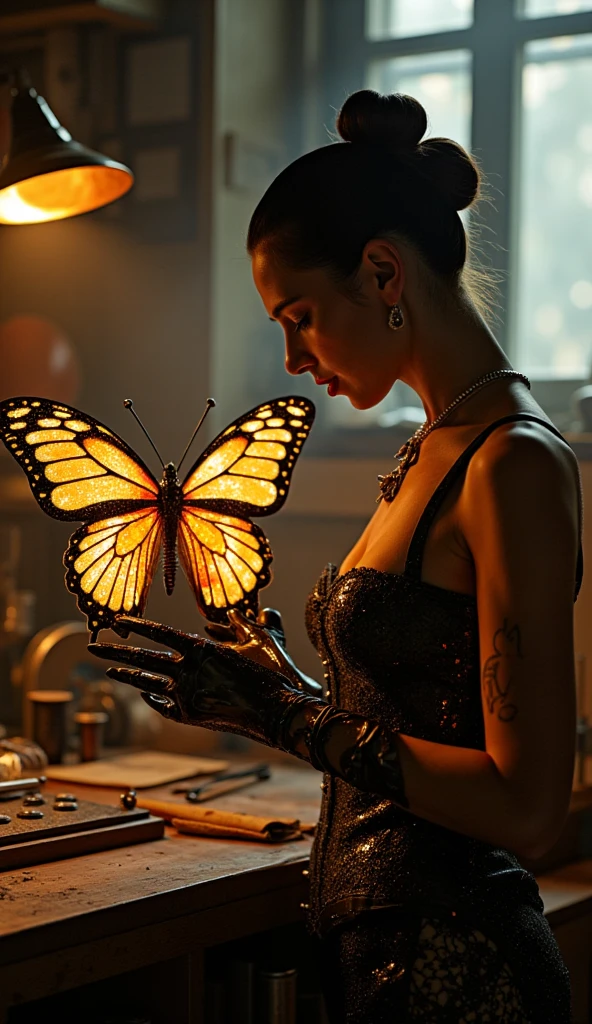  graceful inventor with oil-streaked gloves adjusts the intricate wings of a mechanical butterfly. Wearing a corset embellished with glowing tubes, she works in a dimly lit workshop illuminated by oscillating steam-powered lamps. retrofuturism