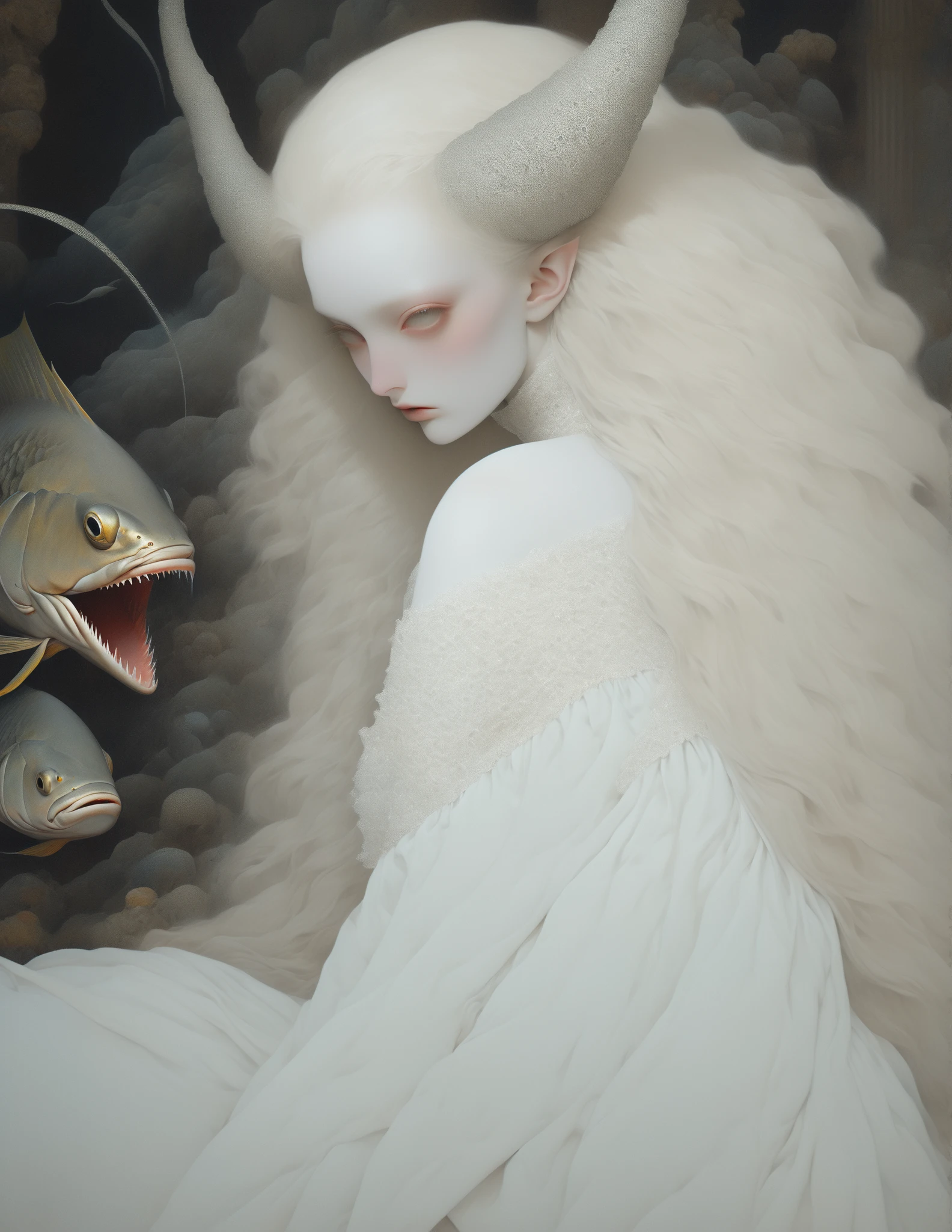 a woman, in the style of natalie shau, olivier valsecchi, ilya kuvshinov, light emerald and gray, ritualistic masks, naturalistic portraits, moody expressionism