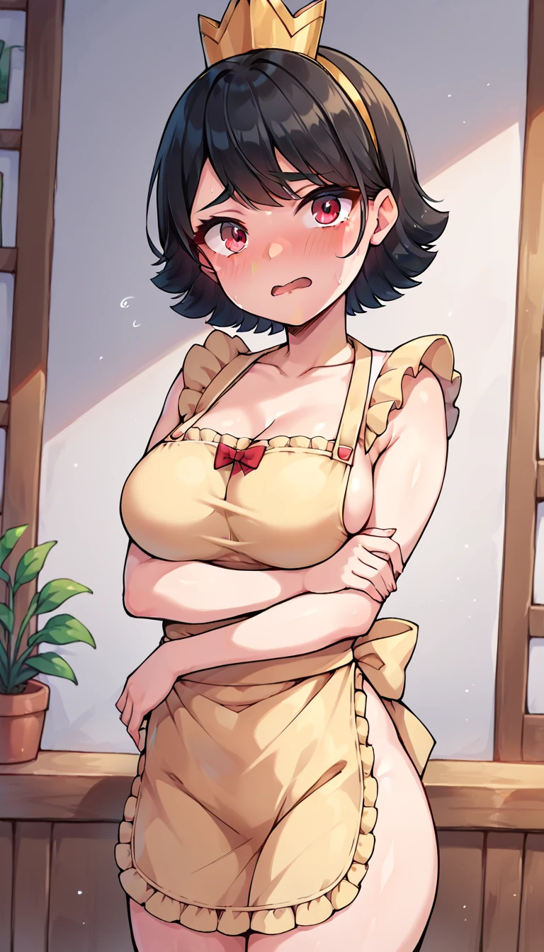 princess,short black hair,gold crown,, breasts, posing embarrassed, red face, Suspender Naked Apron 