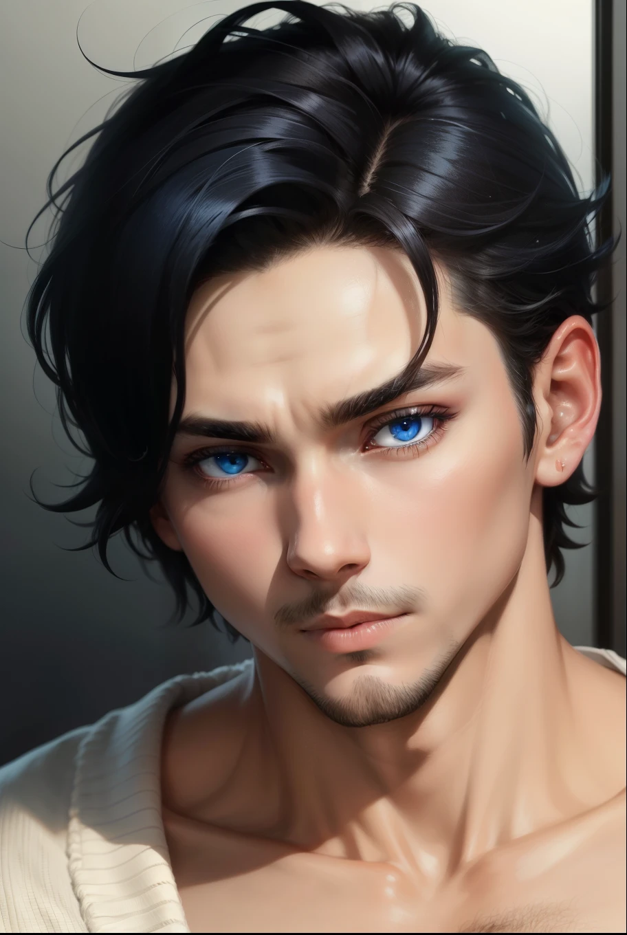 A close up of a man with blue eyes and a white shirt - SeaArt AI