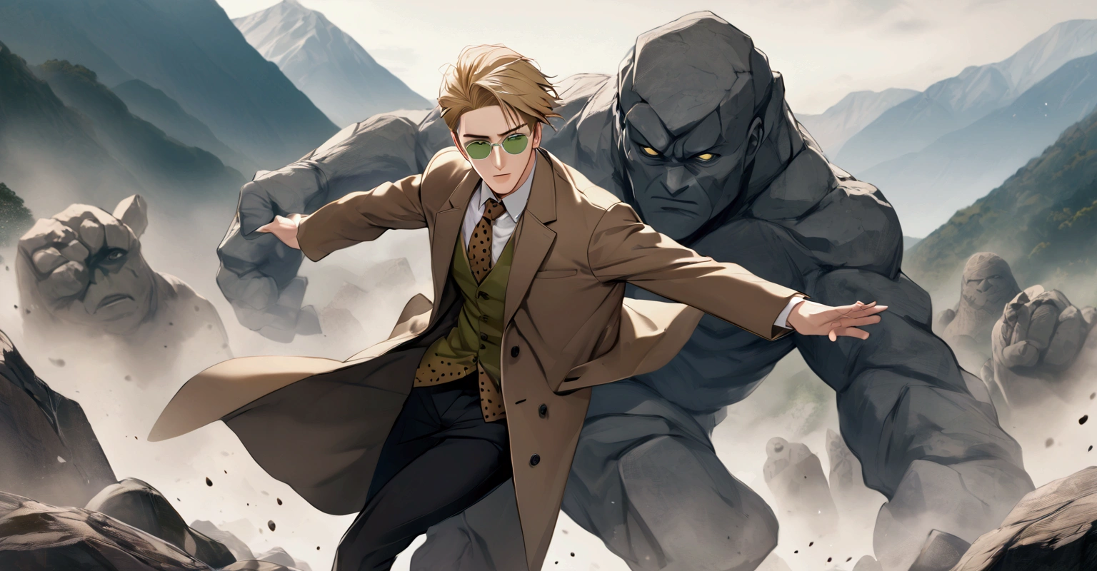 Nanami Kento from JJK, green glasses no temples, brown spotted yellow tie, white shirt, coat, dynamic pose, blonde, stone golem next to him, mountain background, naruto universe