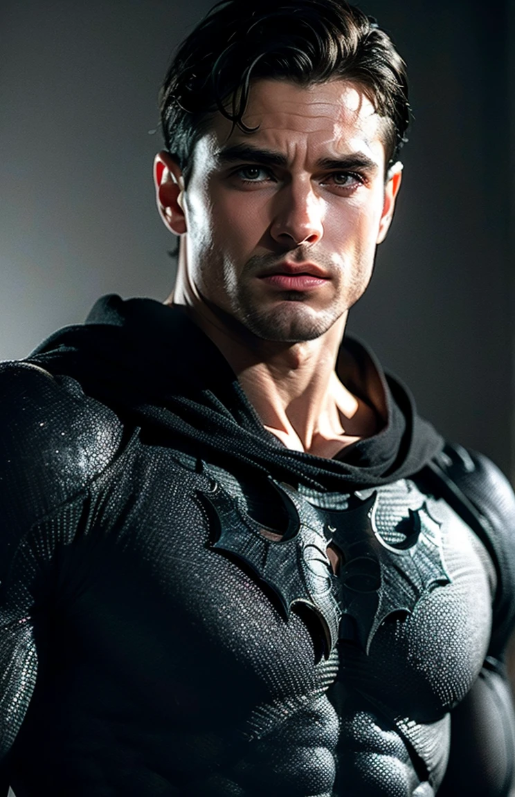 Attractive manly realistic man with statuesque body with naked hair with big thick realistic attractive penis with short wet black hair and blue eyes dressed in batman costume in bat shaped black car with rainy night background