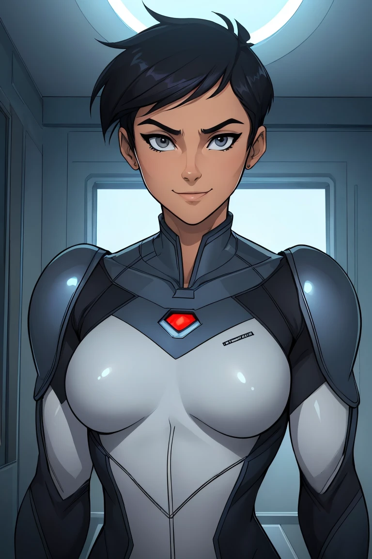 (work of art, Best quality, absurd, 4K, aesthetics, perfect grey eyes, perfect face, detailed, intricate, Perfect Lighting) 1 girl with fair skin, very short dark hair, tomboyish hairstyle, wears a futuristic dark blue and white bodysuit, heroine, queen of an alien race, warrior, gentle smile, strong, muscular