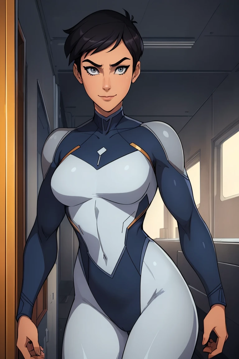 (work of art, Best quality, absurd, 4K, aesthetics, perfect grey eyes, perfect face, detailed, intricate, Perfect Lighting) 1 girl with fair skin, very short dark hair, tomboyish hairstyle, wears a futuristic dark blue and white bodysuit, heroine, queen of an alien race, warrior, gentle smile, strong, muscular