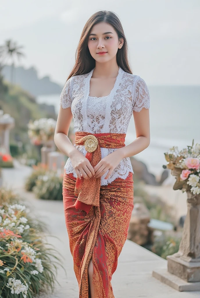 score_9, score_8_up, score_7_up, cinematic film still, realistic photo of a young east asian woman, medium breasts, perky breasts, straight dark hair, slim waist, wearing intricate revealing short sleeve kebaya and sarong, slim body, full body, on a platform decorated with plenty of flowers, on a cliff, next to a beach.  approaching perfection, dynamic, highly detailed, smooth, sharp focus, intricate details, shallow depth of field, vignette, high budget, bokeh, cinemascope, moody, epic, gorgeous, film grain, grainy