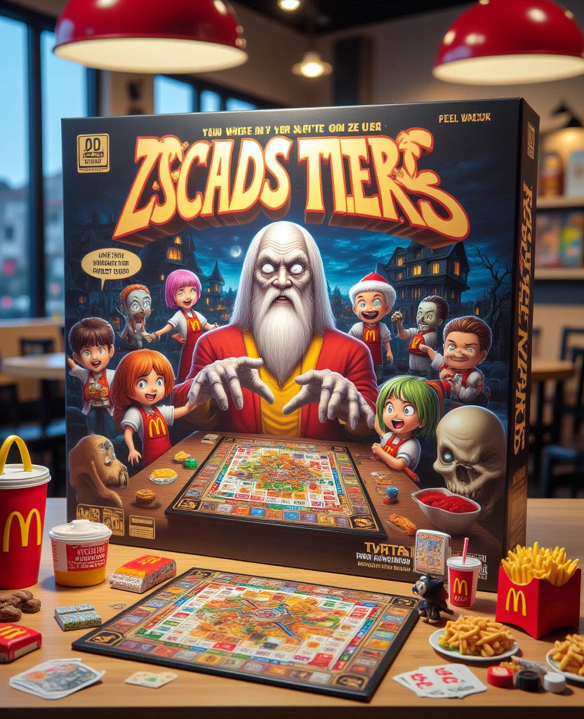 The picture is a photo of the "GUNDAM 4D SCHATER BLACK" board game box featuring a colorful and bright design. The box is rectangular and prominently features the Gundam 4D gold arch logo on the bottom left side. The top of the box features a strange scene with several Zeus characters wearing McDonald's employee uniforms, including red and white striped aprons and hats, as well as colorful aprons. The main figure in the center is the scary Grandpa Zeus with long bright white hair, white face, and sharp gaze, wearing a yellow vest and white shirt, holding a tray of food. The background depicts a lively cartoon atmosphere with a spooky Halloween themed graveyard at night, with a spooky mansion that appears to be on fire in the background, illuminated by a full moon. Various McDonald's foods, such as the scatter mahjong logo, scatter zeus logo, and drinks, are scattered around the characters. The board game is placed on a table in a fast food restaurant, surrounded by fast food mascots