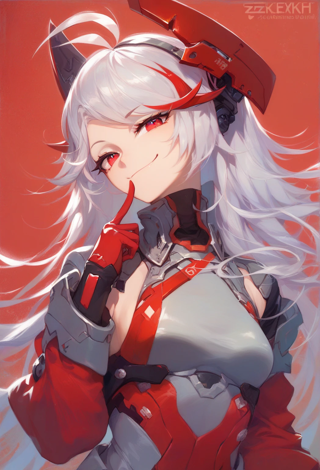 score_9, score_8_up, score_8, medium breasts, (curvy), cute, eyelashes,     
rating safe, 
BREAK,
zzPrinz, 1girl, solo, silver hair, long hair, red eyes, headgear, antenna hair, grey uniform, red sleeves, finger to mouth, head tilt, slight smile, smug, 
BREAK, eye contact, looking at viewer,
BREAK,
smile, looking at viewer, 
abstract red industrial background, 
zPDXL,