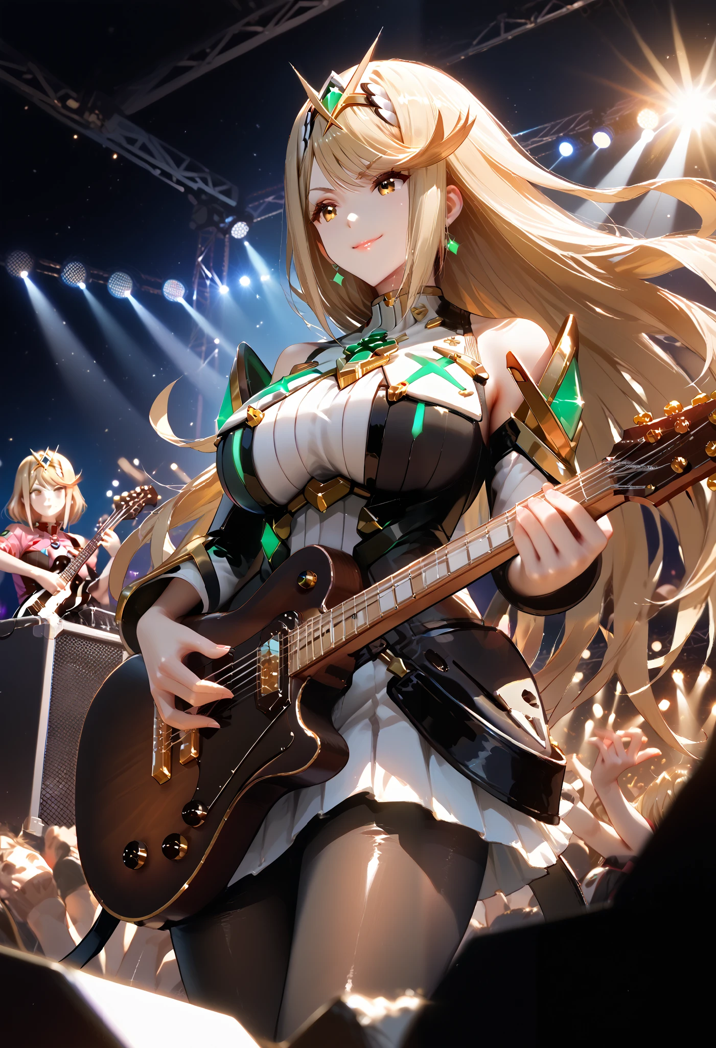 best quality, masterpiece, high resolution, ultra detailed, electric_guitar, playing_instrument,source_furry, rating_safe, 1girl, cowboy shot, gold necklace, pale skin, large breasts, skinny female, close up, from below, finally detailed face, half-closed eyes:1.5, smile mouth:1.2, pink style, punk suit, one-piece, pantyhose, boots, makeup, dynamic pose, erotic, Inciting the audience, on rock-festivals stage, concert, stage lights, stage, crowd, mythra \(xenoblade\), 1girl, yellow eyes, swept bangs, long hair, very long hair, blonde hair