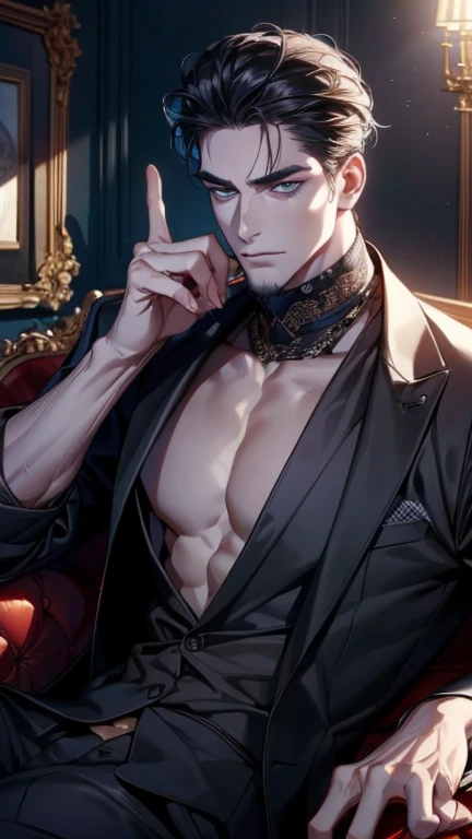 1 man, old, wealthy, muscular, shirtless, handsome, sitting at a Chinese bar, holding a wad of money, flexing abs, wearing a suit, shirtless, naked, (best quality,4k,8k,highres,masterpiece:1.2),ultra-detailed,(realistic,photorealistic,photo-realistic:1.37),cinematic lighting,dramatic chiaroscuro,moody atmosphere,strong contrast,rich color palette,glamorous