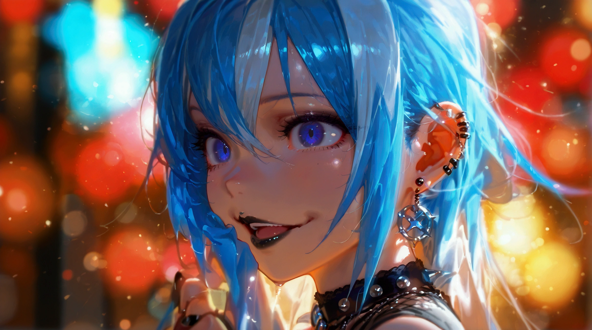 ( absurd), 8k, ((masterpiece)), (Hyper extreme detail:1.2), Alone,  1 girl, (perfect face),  Portrait, expressive eyes,  is standing, (cute girl), perfect hand,  blue-white skin, ( FRIENDLY ),  excited,  punk rock,  long hair, (Multi-coloured hair),  Black Choker,  black lipstick , Earrings, Ear Earrings, Lip Earrings, ( small chest ), smile,  streetwear ,  Perfect Anatomy, ( has a hand in his pocket), (Graphic T Skirt ),  Anatomically Accurate ,  cowboy shot,  exposed shoulders flipping through cloth,