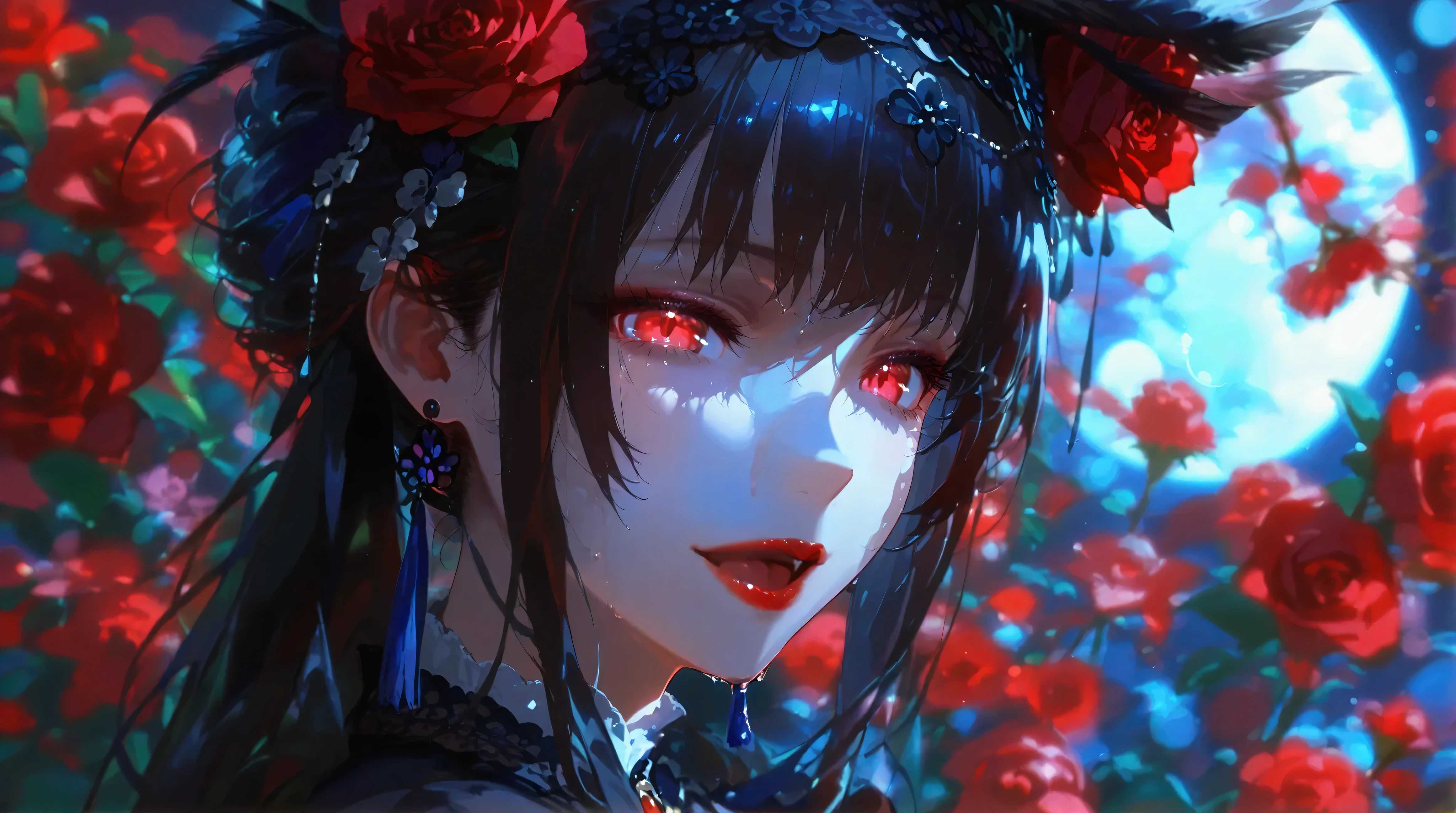 （ dark atmosphere， gothic fashion ， bright color），（ top quality ，Superb product，），Sexy Goth Vampire Girl，Night in the Rose Garden， Beautiful and delicate sticky liquid dripping from eyes ，  Straight black ponytail with blue tips  ，Crow Feather，Red lipstick， mysterious smile in a floral kimono ，  appears with a pale complexion ，  black dress ，  Moonlight illuminates her elegant silhouette ，  Soft shadows and soft highlights  ， Contrasting colors create a vivid atmosphere ， Women who wear  {x}  Dark and moody color palettes ， Subtle but dramatic lighting effects ， Sublime darkness intertwined with exquisite moonlight , She is tall、Mature , red,  beautiful faces,  long hair