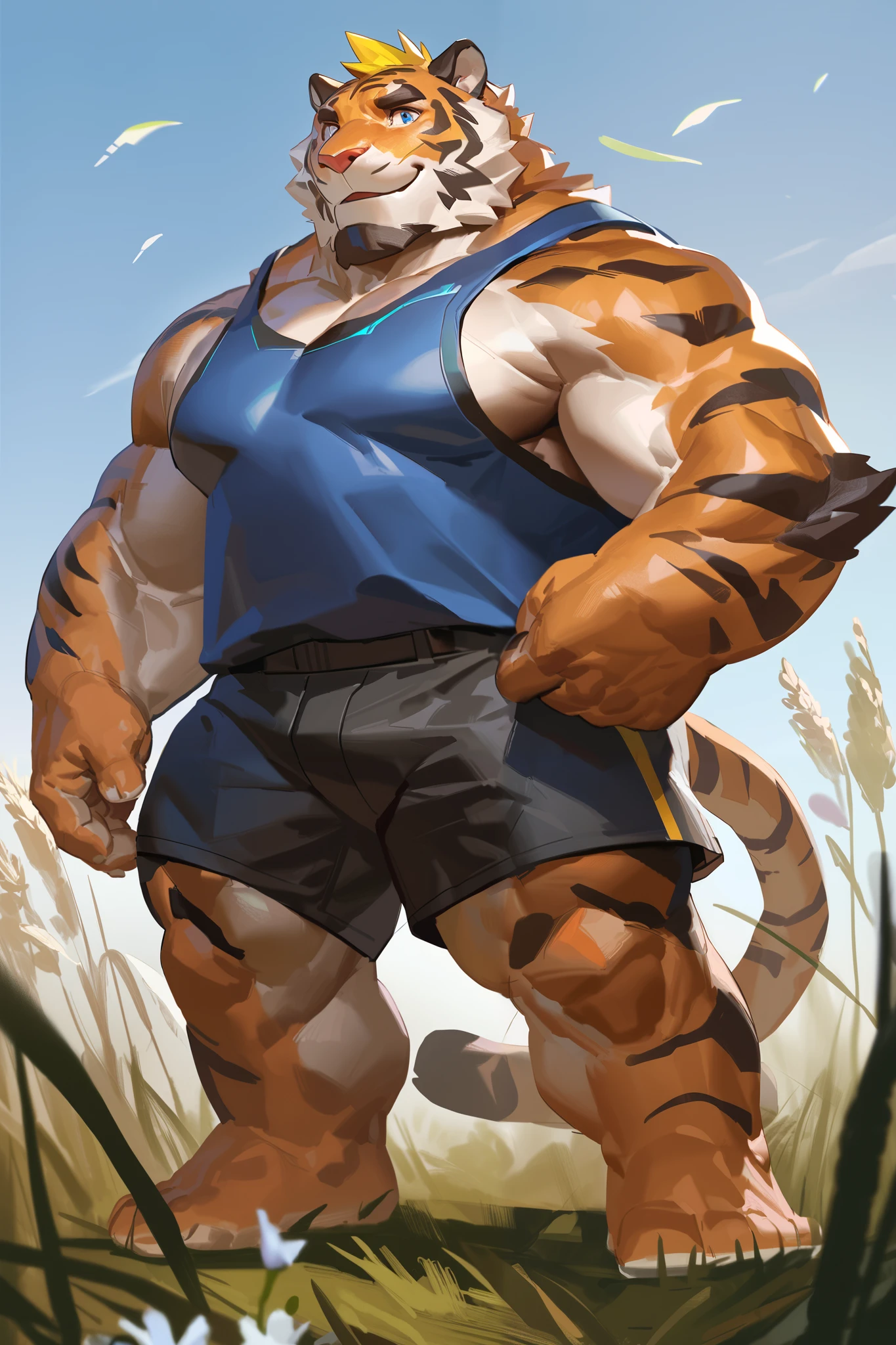 1boy, 1man, solo, (furry tiger), Park, extremely huge muscular, massive muscular , (topless, shirtless, shorts), well-muscled old man. ((extremely muscle size, super thick arms, huge pec, hyper pec, bigger chest, extremely wide pectoral , huge arms)), wide smiling. Add textures and details to make the image more realistic, such as the appearance of the. Make sure the resulting image is high resolution, 8K quality