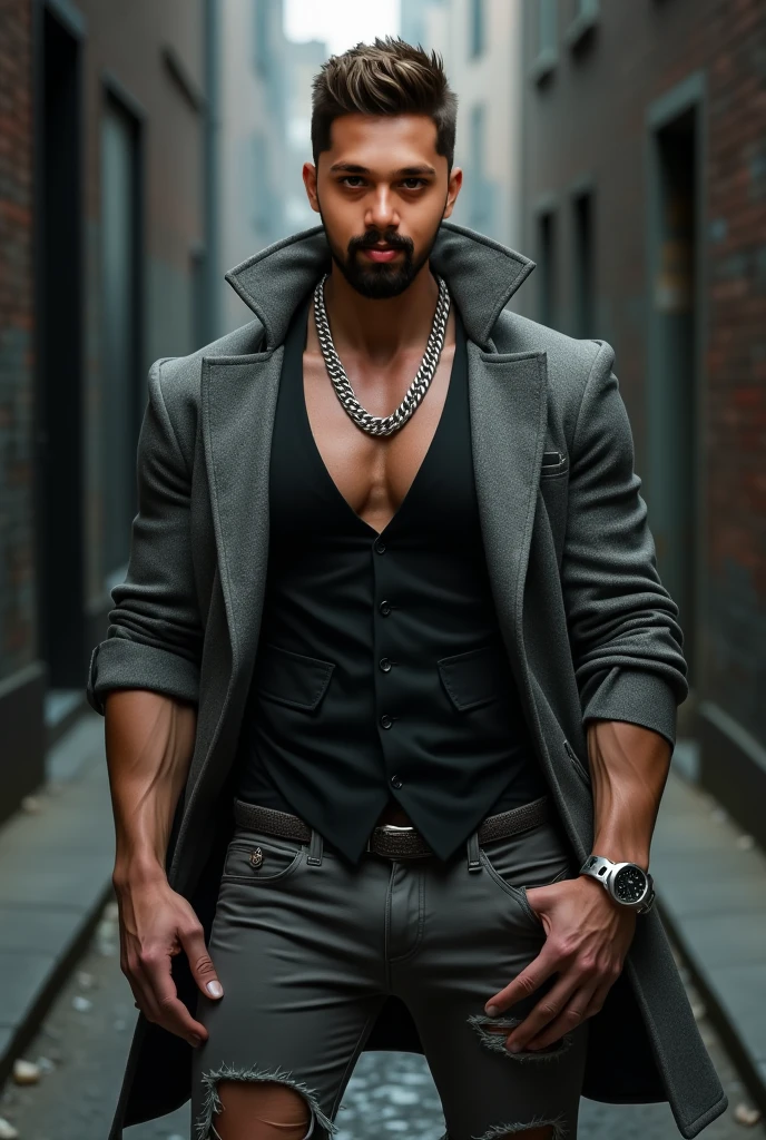 Create a highly detailed and ultra-realistic digital art image of a very masculine 38-year-old man with a beard and wearing dark sunglasses. He is shown from the waist up in a medium shot. The background is a modern, sleek urban cityscape at dusk, with neon lights reflecting off the glass buildings. The man is wearing a stylish, fitted leather jacket over a plain black t-shirt. He has a confident and slightly mysterious expression, standing with one hand in his jacket pocket and the other holding a smartphone. The image should capture the essence of modern digital art trends, emphasizing sharp details, vibrant colors, and a dynamic atmosphere