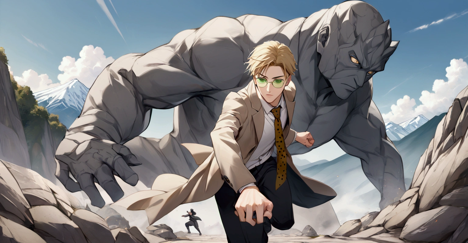 Nanami Kento from JJK, green glasses no temples, brown spotted yellow tie, white shirt, coat, dynamic pose, blonde, brown eyes, stone golem next to him, mountain background, naruto universe