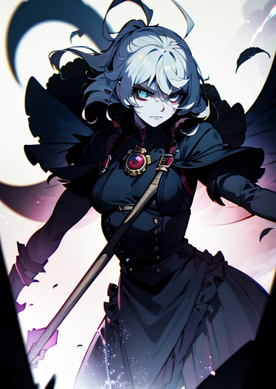 1girl, purple hair, short hair, bangs, eyes covered by hair, one horn, demon eyes, red eyes, scary eyes, tired, sad, depressed, emotionless, cold, purple clothes, castle, pale skin