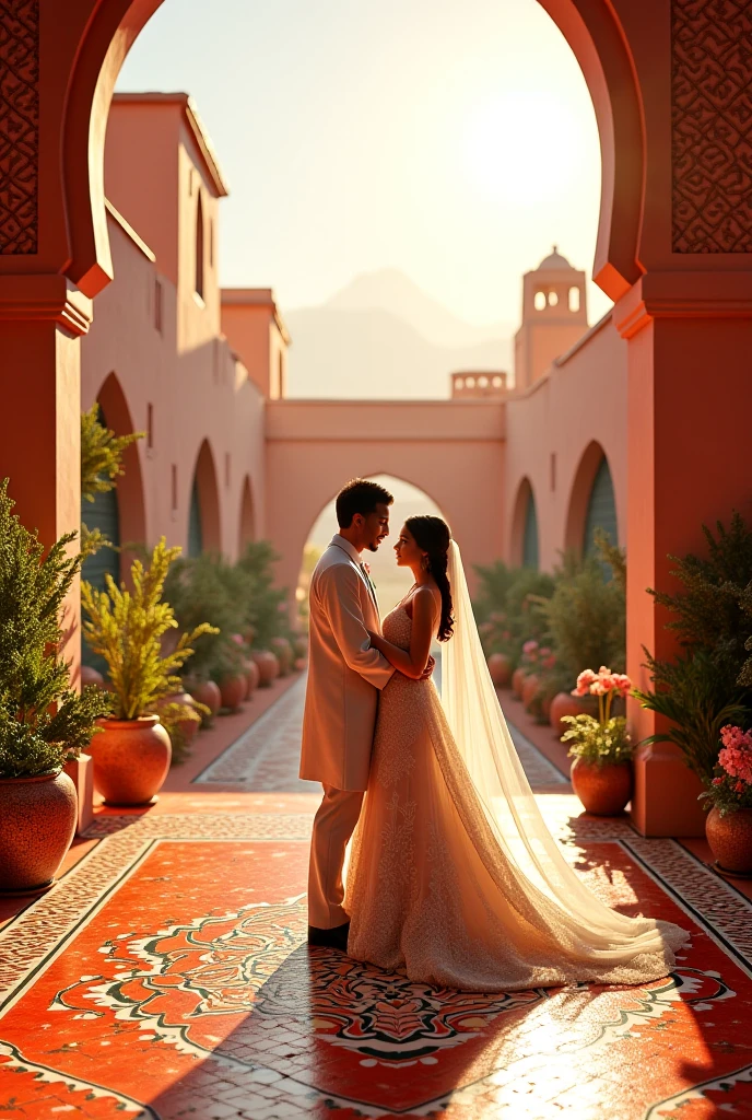 ((Ouarzazate in background)), (chefchaouen), (riad) photo, ((hugging)), ((((1 man and 1 woman hugging)))), sparkling splashing rainbows, curvy, (((clear straight even bright eyes))), (((woman has super long hair))) (((man has short hair))), flowing, glistening, iridescent sheer dress hooded kaftan abaya, riad fountain, glimmering, sweating, crystal jewels, melting, shimmering, glowing flowers (masterpiece) (best quality) (detailed) (8k) (HDR) (wallpaper) (cinematic lighting) (sharp focus) (intricate) opalescent, Photoluminescence, treasure, mystical, fantasy, exotic lights, gems, (Moroccan candles), sunrays, ((desert oasis)), Ouzoud waterfalls, Tastir, arabesque, safi, (sanddunes), sand, palm trees, opalescent, Photoluminescence lights, (gems growing), glowing desert flowers, fantasy, clear, Cinematic RAW photo, hyper real photo, ultrarealistic, 8k uhd, dslr, soft lighting, high quality, film grain, Fujifilm XT3, photographed on a Kodak Retina II Sanyo Xacti VPC-CA6, 50mm lens, Wide Angle, HDR, hyper-realistic, colorgraded, volumetric lighting, [volumetric fog, moist], shallow depth of field, reflections, photo, (sparkling) splashing rainbows, glistening, (iridescent), glowing, glimmering, crystals, ((secret treasure in it)), mystical, enchanting, glittering, ((1 Moroccan man)), ((1 white woman)). mist, wish, (longing) (together love), ((true love)), romantic, ((riad bed)), ((((heterosexual relationship only)))), twinflame, soulmates, (1 male and 1 female together), romantic,