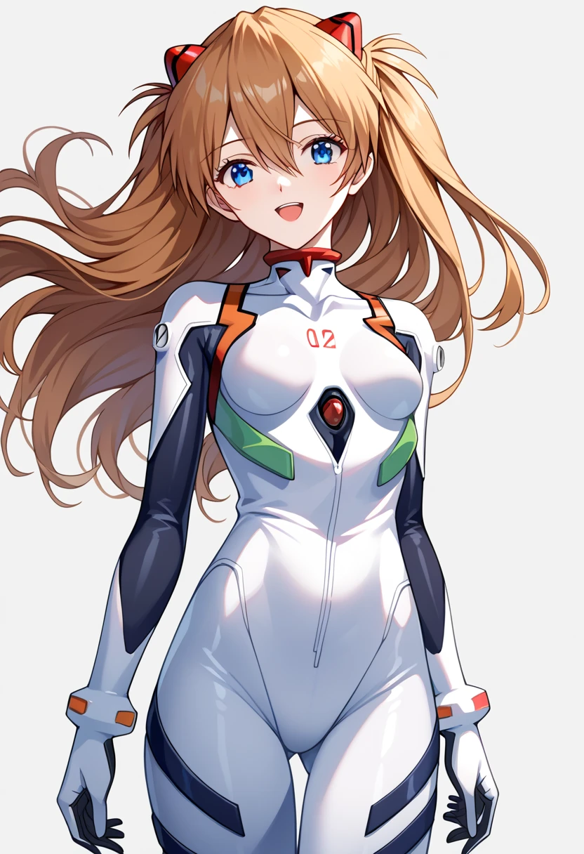 score_9, score_8_up, score_7_up,score_6_up, score_5_up, score_4_up , 1girl, solo, asuka langley soryu, long hair, bangs, blue eyes, brown hair, hair ornament, bodysuit, pilot suit, plugsuit, red and white bodysuit, interface headset, rei ayanami, ayanami rei, blue hair, short hair, red eyes, bodysuit, headgear, plugsuit, black bodysuit, happy, cowboy shot, simple background