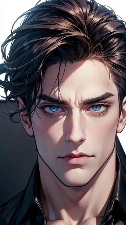 (Best Quality,4k,8k,High resolution,masterpiece:1.2),ultra detailed,(realist,photorealist,photo-realist:1.37),1 man,31 years,mature man,very handsome,muscular,without expresion,short gray black hair,blue eyes,glare,perfect face without mistakes,imposing posture,cinematic lighting,imagen HDR
