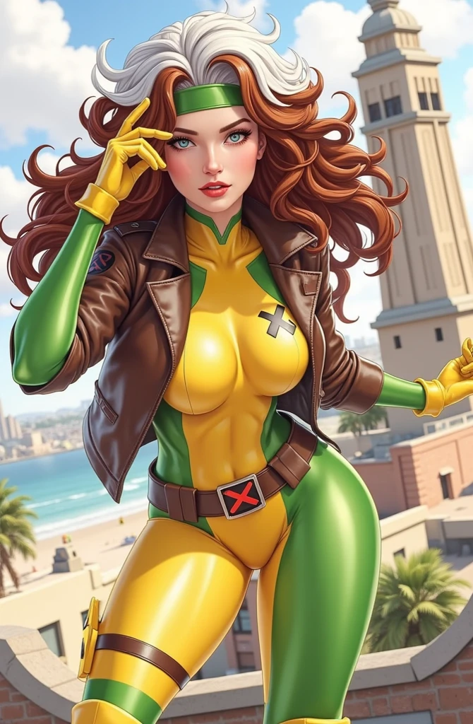 (  masterpiece ,  realistic , perfect,  photograph ,  high resolution and definition)  X-Men Rogue in a sensual and erotic pose,  tight suit , nice image detail ,  Beautiful legs ,  detailed face , light eyes,  beautiful butt ,  slender and detailed body ,  big breasts . Brown hair with a tuft of white hair on the top, long loose hair.  Great detail of the background and environment . In a random location, exciting