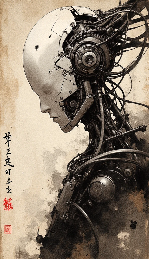 Drawing, portrait of a faceless cyborg with mechanical parts and cables, intricate details, Chinese ink and watercolor technique on rice paper, water stains, monochrome, Japanese letters in red.
