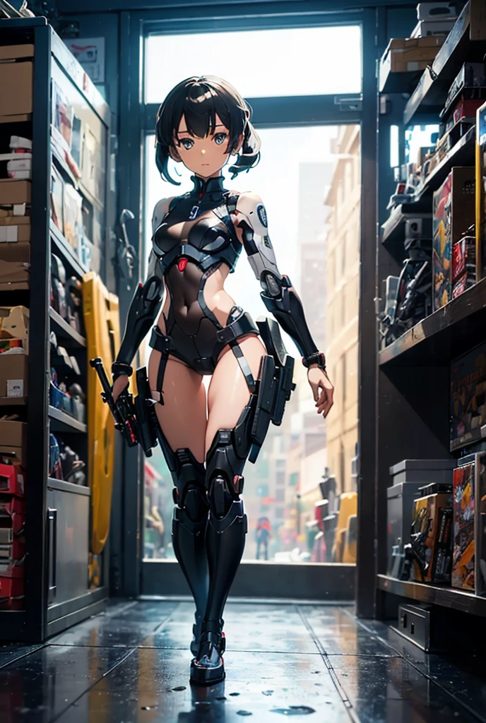 Japanese manga style character sheet of cyberpunk girl, front and back, full body, colorful cyberpunk bodysuit, white and black background, equipment, weapon, detailed, intricate