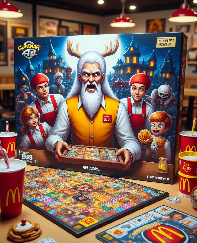 The picture is a photo of the "GUNDAM 4D SCHATER BLACK" board game box featuring a colorful and bright design. The box is rectangular and prominently features the Gundam 4D gold arch logo on the bottom left side. The top of the box features a strange scene with several Zeus characters wearing McDonald's employee uniforms, including red and white striped aprons and hats, as well as colorful aprons. The main figure in the center is the scary Grandpa Zeus with long bright white hair, white face, and sharp gaze, wearing a yellow vest and white shirt, holding a tray of food. The background depicts a lively cartoon atmosphere with a spooky Halloween themed graveyard at night, with a spooky mansion that appears to be on fire in the background, illuminated by a full moon. Various McDonald's foods, such as the scatter mahjong logo, scatter zeus logo, and drinks, are scattered around the characters. The board game is placed on a table in a fast food restaurant, surrounded by fast food mascots.