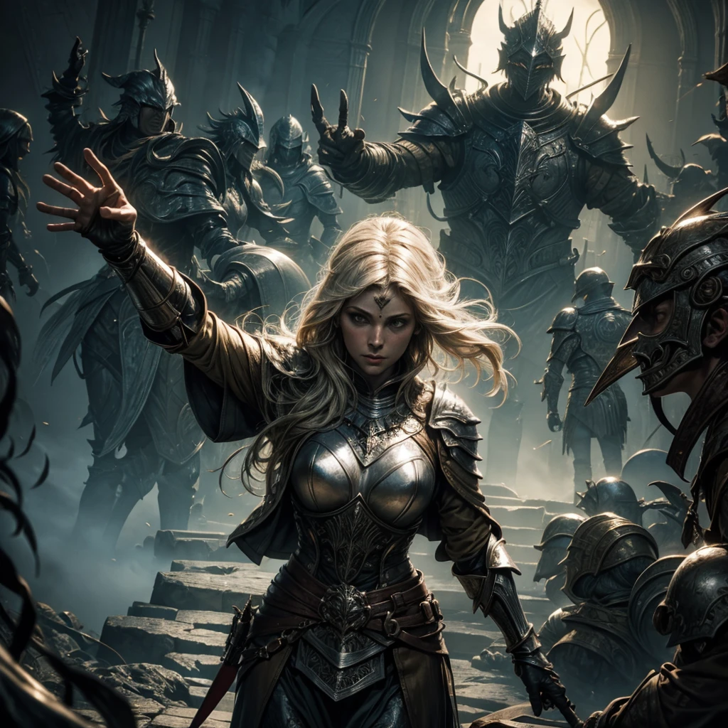 satanic woman surrounded by demonic people in a sinister and mysterious Gothic village