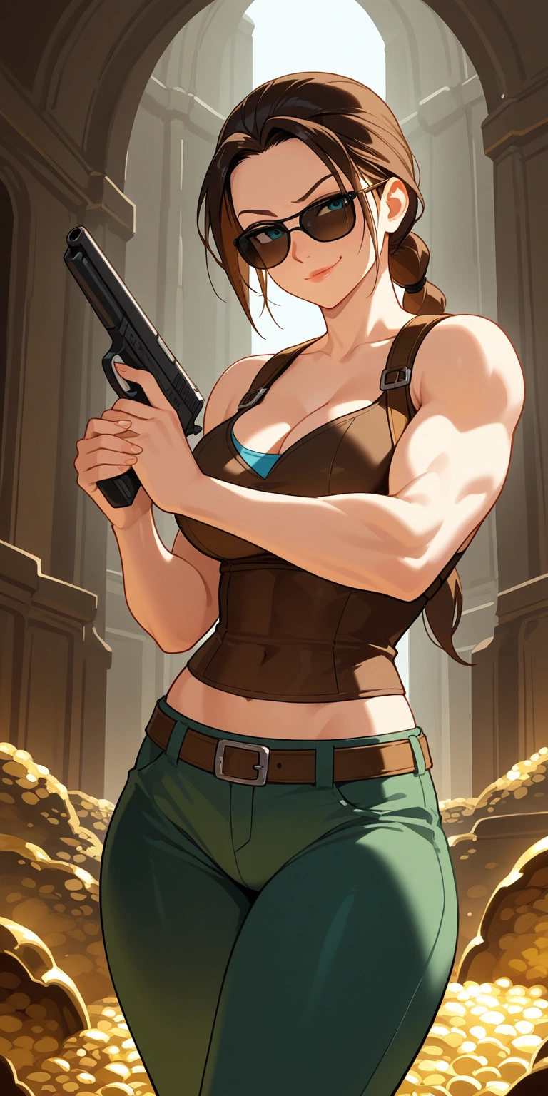  masterpiece fails, top quality,  high detail , Lara Croft, in canonical clothes , holds a gun in his hand ,  little muscles ,  sunglasses , smirk, in a treasure tomb,