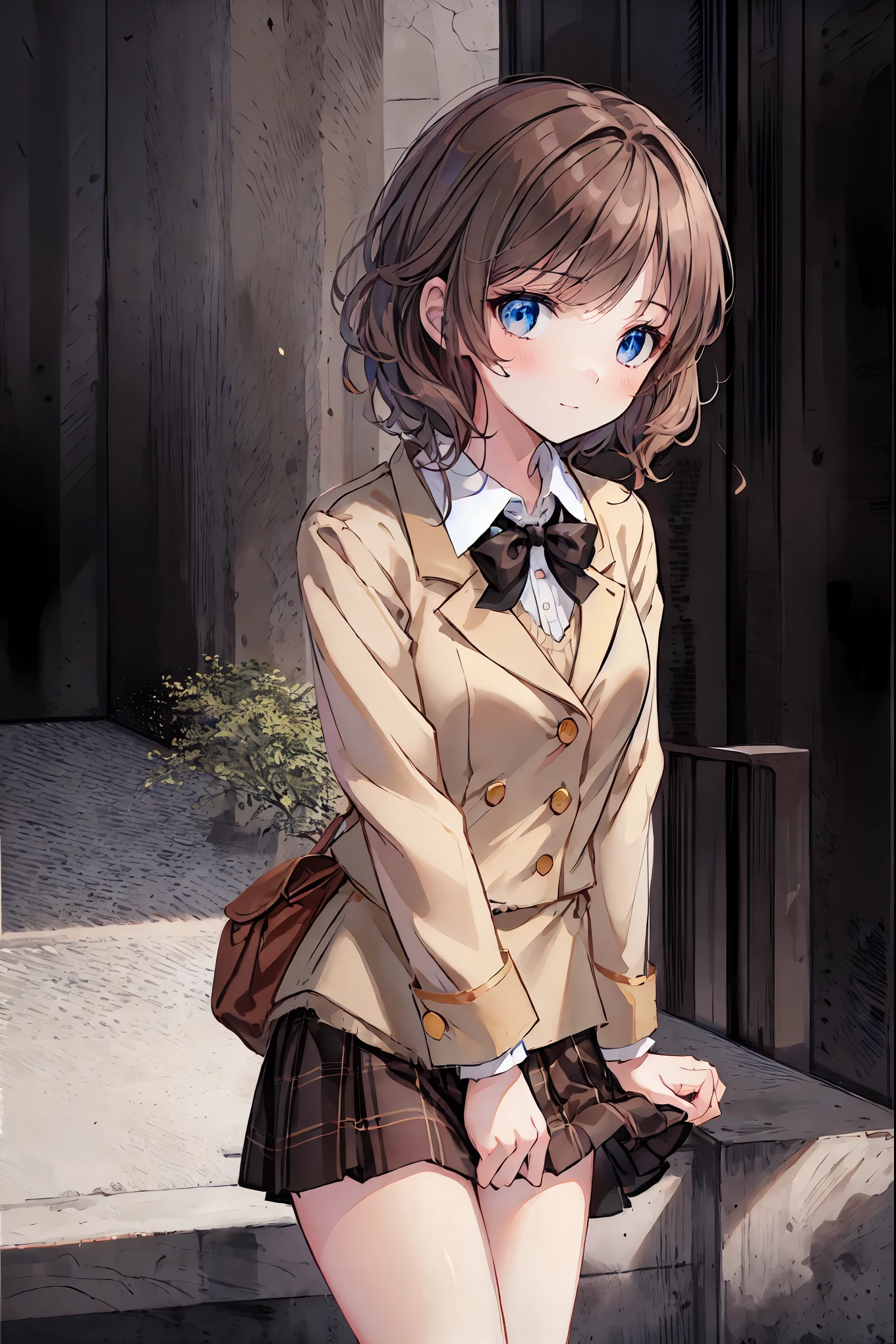 ( top quality ,masterpiece:1.3,  super high res),(  very detailed,  caustics,8k),(  realistic :1.4,RAW shooting),18 years old,  Japanese  ,  cute,  Looking at the camera and smiling  ,blazer uniform,  slouching position with collar,  waist up shot  ,(  focus on faces :1.2),(  face close-up :1.2),(Low position:1.3),(  low angle:1.4),Brown Hair，  shortcuts，  slender beauty  ，  messy hair，Cityscape，  night view、Brown Hair， shortcuts， Unkempt Hair ，Short braided hair，Neat， slender beautiful woman，Correct posture，Small chest， beautiful legs， enchanting gray-blue eyes shine like stars，Droopy eyes， brightly colored , beautiful eyes,A delicate smile,Textured Skin, best quality best , gentle and beautiful woman , anime style､