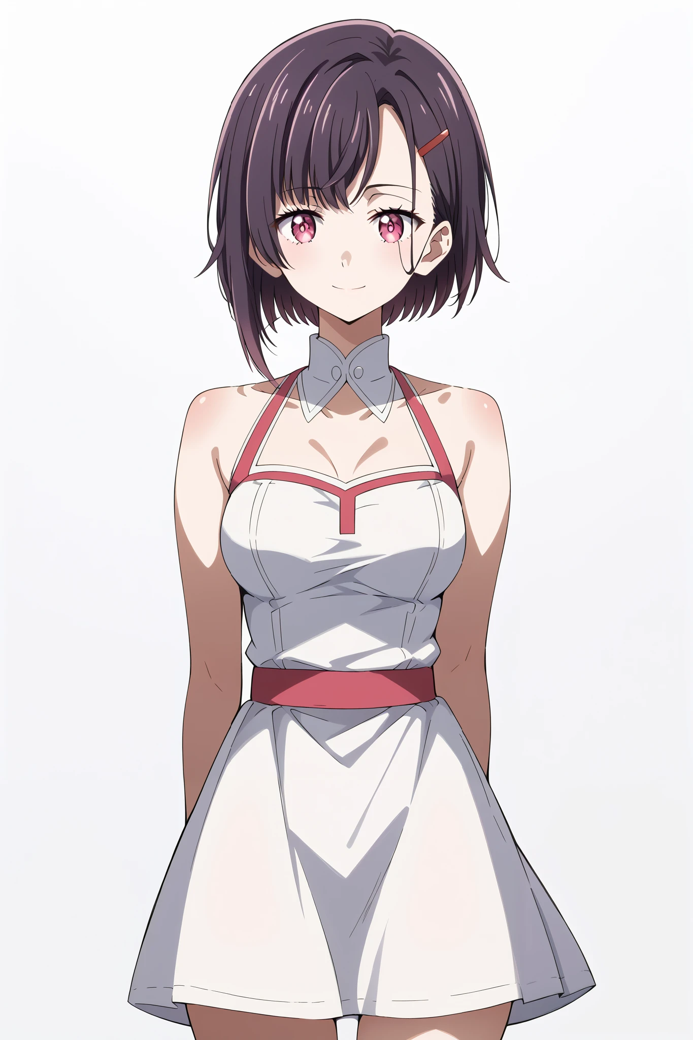 score_9, score_8_up, score_7_up, source_anime, 4K,perfect fingers,(perfect hands, perfect anatomy),prefect lighting, very aesthetic, intricate details,highly detailed background, masterpiece, high quality, best quality,
1girl,solo,shizukamikazuki, shizuka mikazuki, short hair, purple hair, hair ornament, hairclip, pink eyes, swept bangs,
wearing ((halterneck,detached collar,white dress,bare shoulders, )),
looking at the spectator, cowboy shot, filed, Arms Behind Back, high thigh individual , (large breasts:0.9),Stand up,fullbody,((White plain background:1.5)) ,smile,((front look:1.5)),