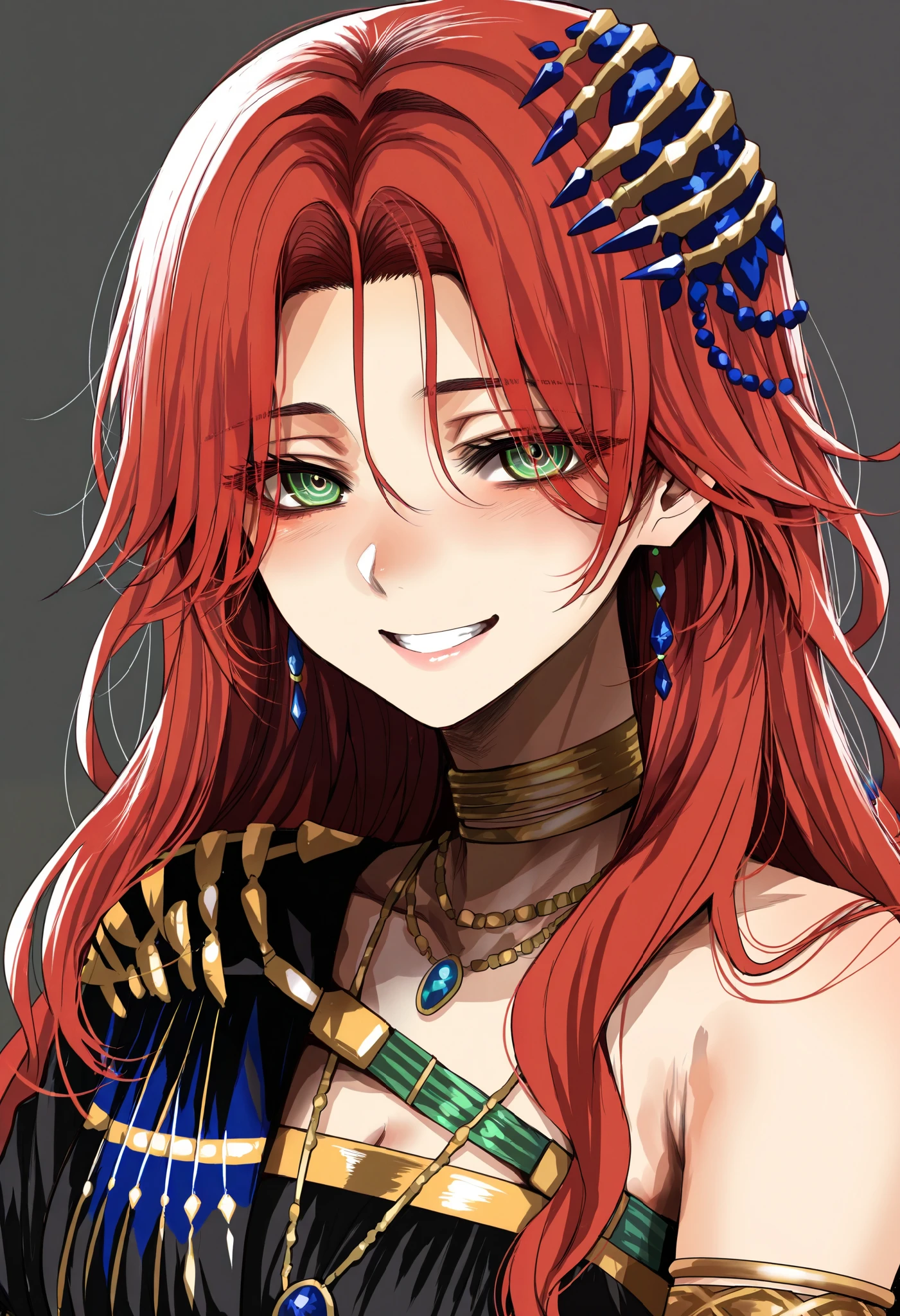 (Hoshi San 3:0.9), 1girl, sophia\(manus vindictae\)\(reverse:1999\), long hair, red hair, green eyes, (ringed eyes), black dress, armlet, blue gemstone jewelry, gold choker, jewelry, portrait, smile, grin, looking at viewer, grey background, masterpiece, best quality, amazing quality, very aesthetic, high resolution