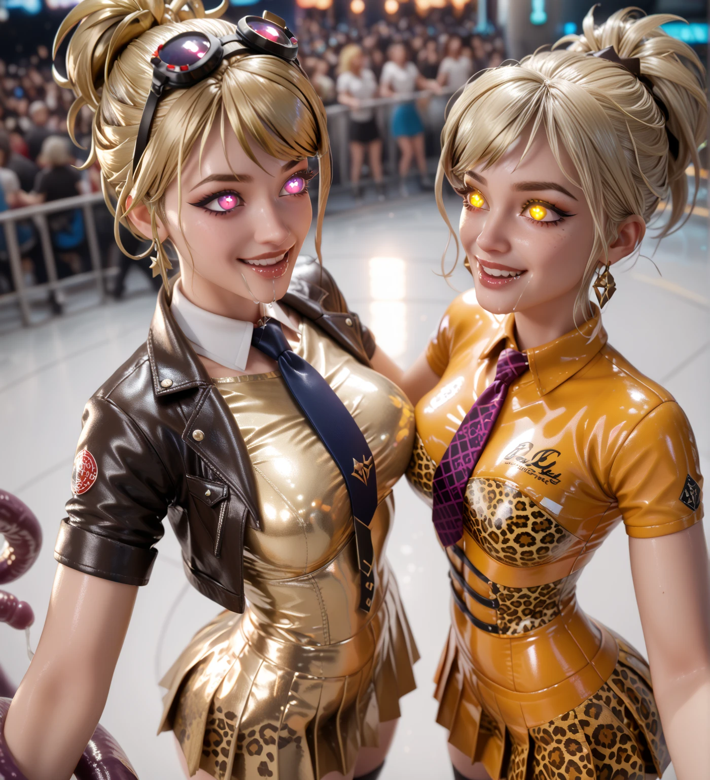  2 girls in extremely tight shiny golden latex polo shirt, Necktie, Beehive hairstyle ,  blonde hair , Lens reflection,  reflecting light ,  high resolution ,  masterpiece, Are in the crowd, saliva, salivafluss, salivaspur,smile,  very strong shiny skin , very strong makeup, corset,  glowing eyes, from above, pleated skirt, Leopard print, leather jacket, tentacles, tentacle in der hand, 