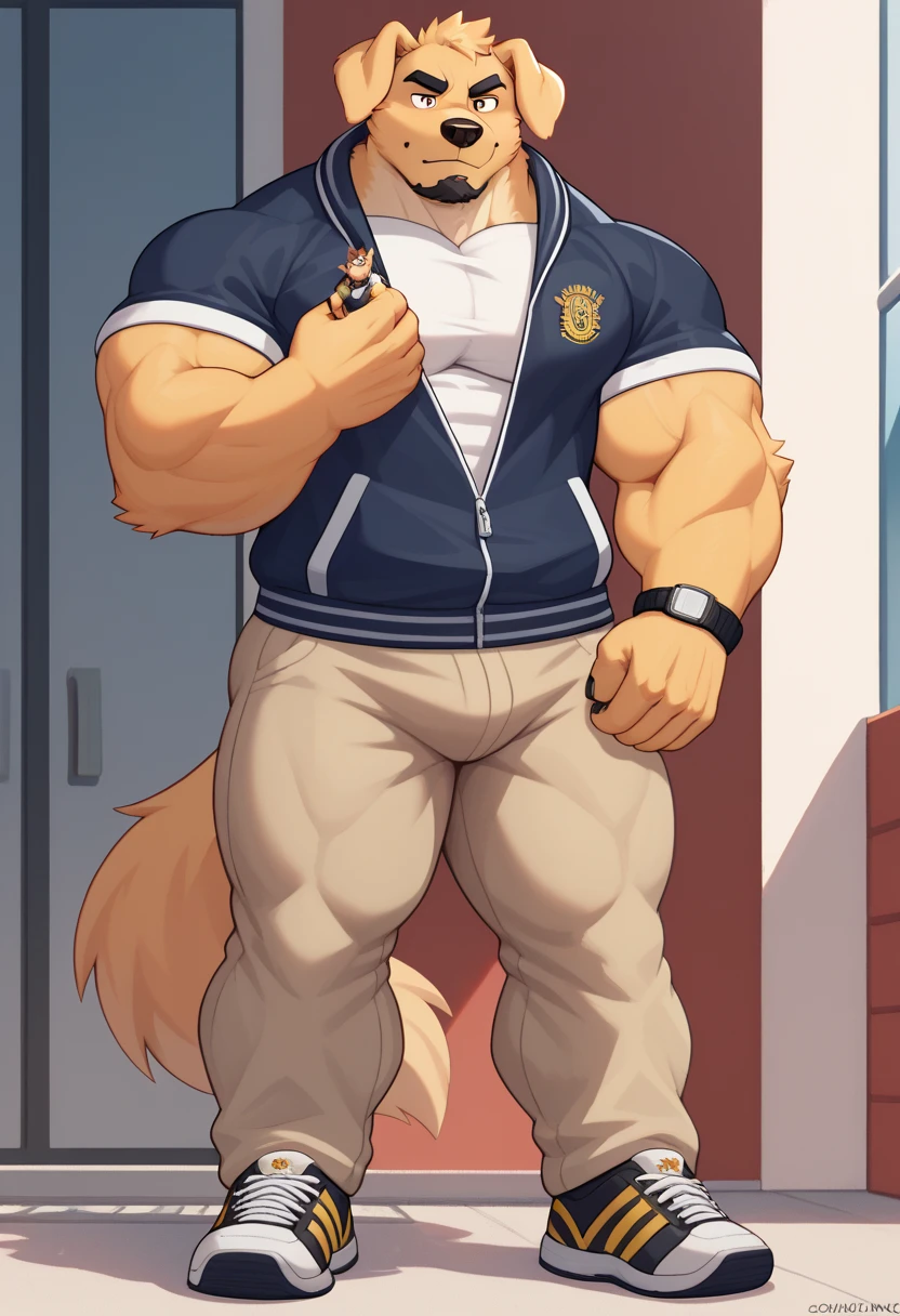 Scribble Golden retrievers face,furry(Golden retrievers), muscular, big strong muscle,( black eyebrows :1.1),(perfect eyes), golden fur，alone,（artist:takemoto arashi),（jock:1.3）， standing, Sneakers，（ Black beard :1.3），（Civil :1.3, College jacket, t-shirt, pants) Golden retrievers (Massiv:3.0, ( heavyweight , strong,Macro, Emphasize, stands next to buildings,)), background (( university campus )),