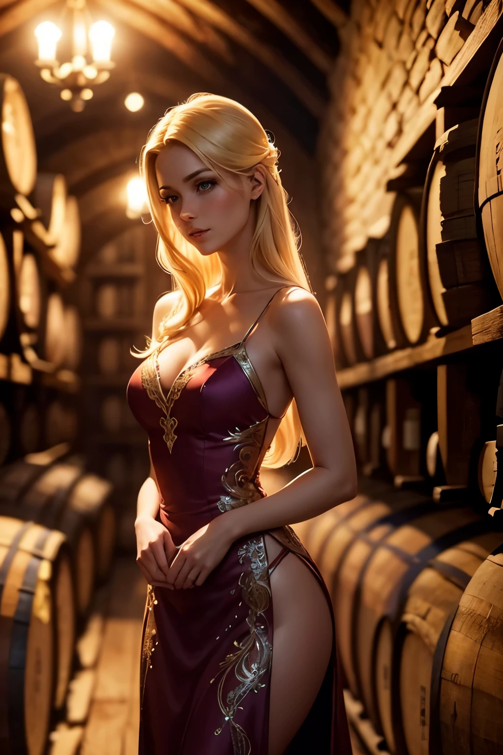 beautiful blonde woman in elegant evening dress, exquisite detailed facial features, long eyelashes, standing in dimly lit wine cellar, surrounded by oak barrels and wine bottles, dramatic lighting, cinematic, photorealistic, masterpiece, 8k, high quality