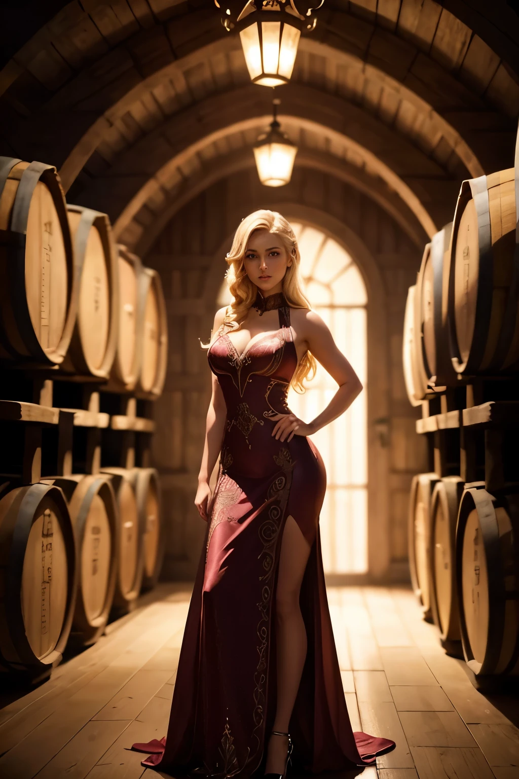 beautiful blonde woman in elegant evening dress, exquisite detailed facial features, long eyelashes, standing in dimly lit wine cellar, surrounded by oak barrels and wine bottles, dramatic lighting, cinematic, photorealistic, masterpiece, 8k, high quality