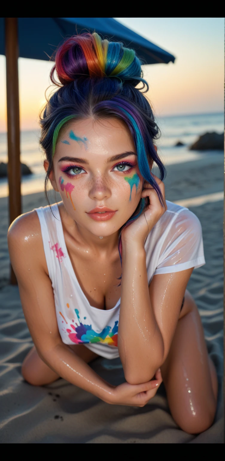 gorgeous woman, paint splatter, vibrant colours, rainbow colours, full body, gorgeous face, short rainbow hair, body paint, 23 year oldmasterpiece,best quality, highly detailed, score_9, score_8_up, score_7_up, score_6_up, score_5_up, score_4_up, Expressiveh, 1girl, 18 year old girl, lusty prostitute, looking at viewer, cute wet hair, freckles on face, ((pouty lips)), petite, slender body, large firm round breasts, erect nipples,
wet skin, cleavage, thong, lusty, submissive, kneeling, wet t-shirt, beach, ((night))