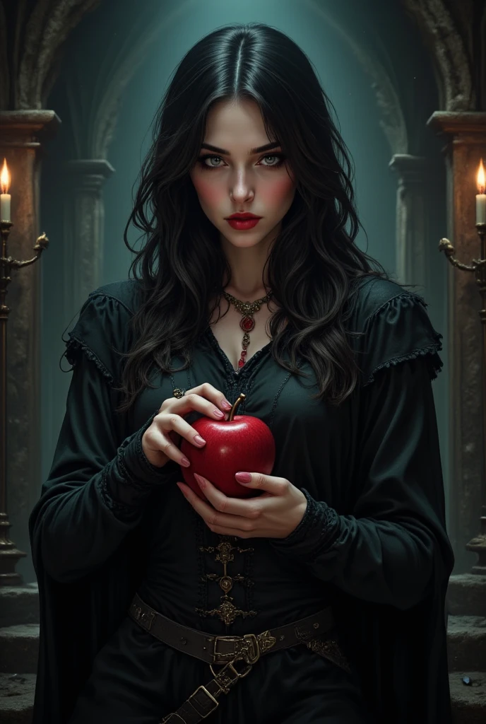 Girl,Black long hair，Black Queen，accessories，Apple in hand，Poison apples，Witch Queen，Red lipstick