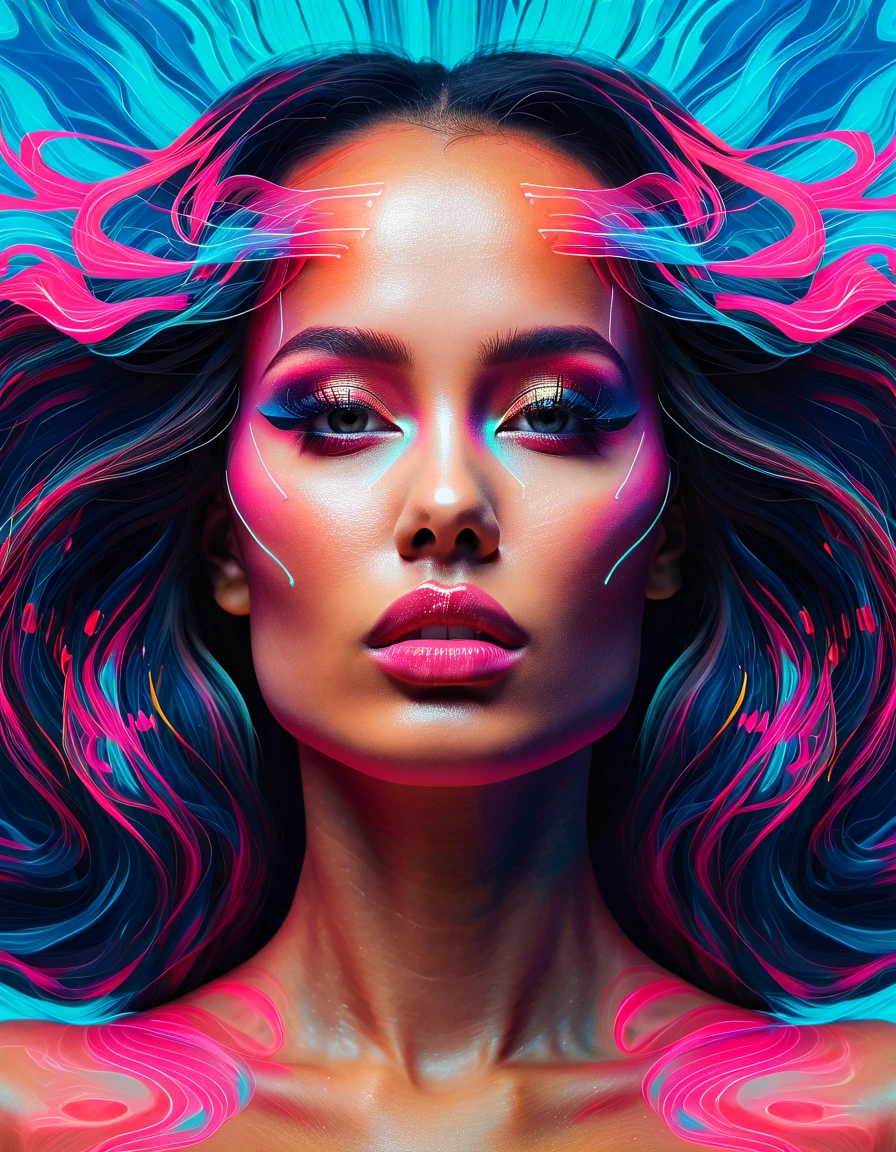 An enigmatic visualization of a the woman face immense scale within Möbius Strip Realities, layered with Quantum Probability Waves and manifested via Psychedelic Synesthesia Encoding, pulsing with neon pink and electric cyan rhythms