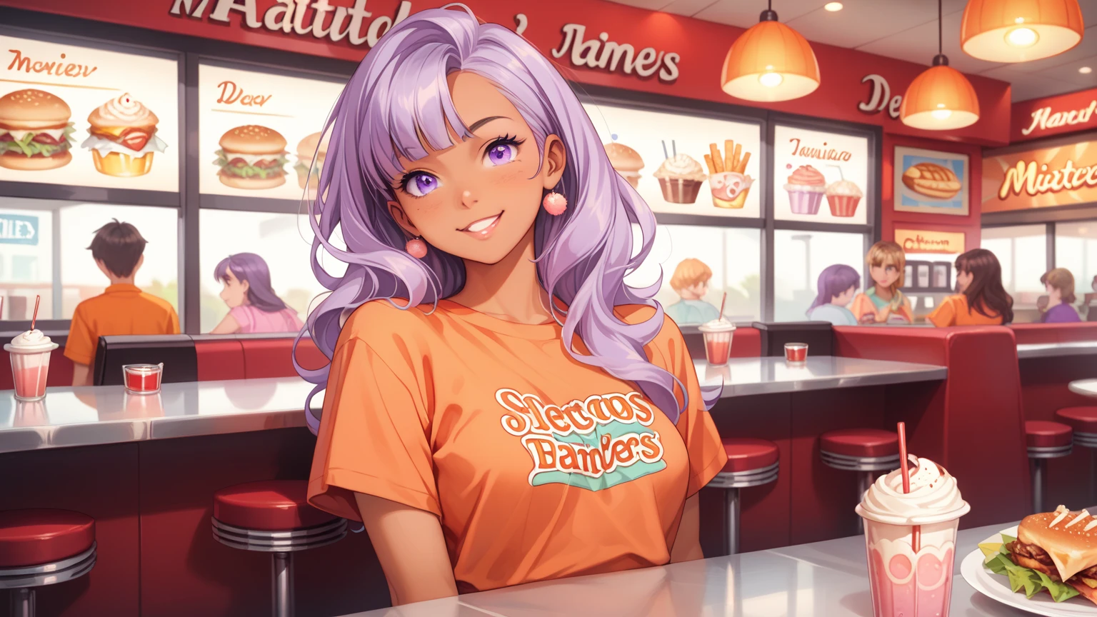 rating_safe, score_9, score_8_up, score_7_up, source_anime, masterpiece, best quality, solo, 1girl, wondering face, firm breasts(she is wearing pastel orange shirt, pastel purple satin short , tan) ( standing, counter,front shot view),diner, best quality, 8k,