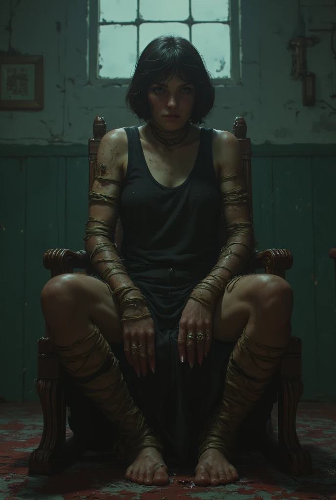 A 45 years old woman,she is sitting on a chair with spread legs,she has trapped arms and legs with bondages (BDSM),she has black short hair,she is scared 