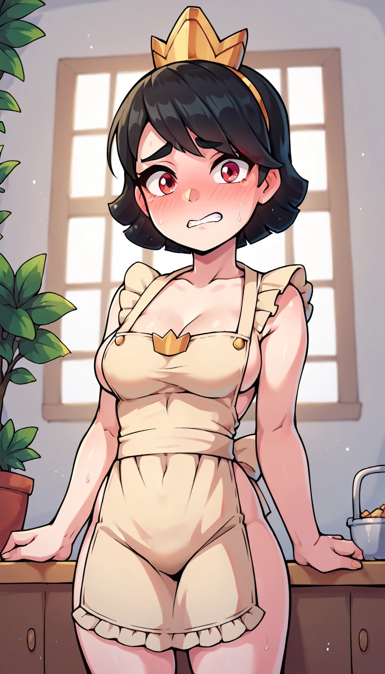 princess,short black hair,gold crown,, breasts, posing embarrassed, red face, Suspender Naked Apron 