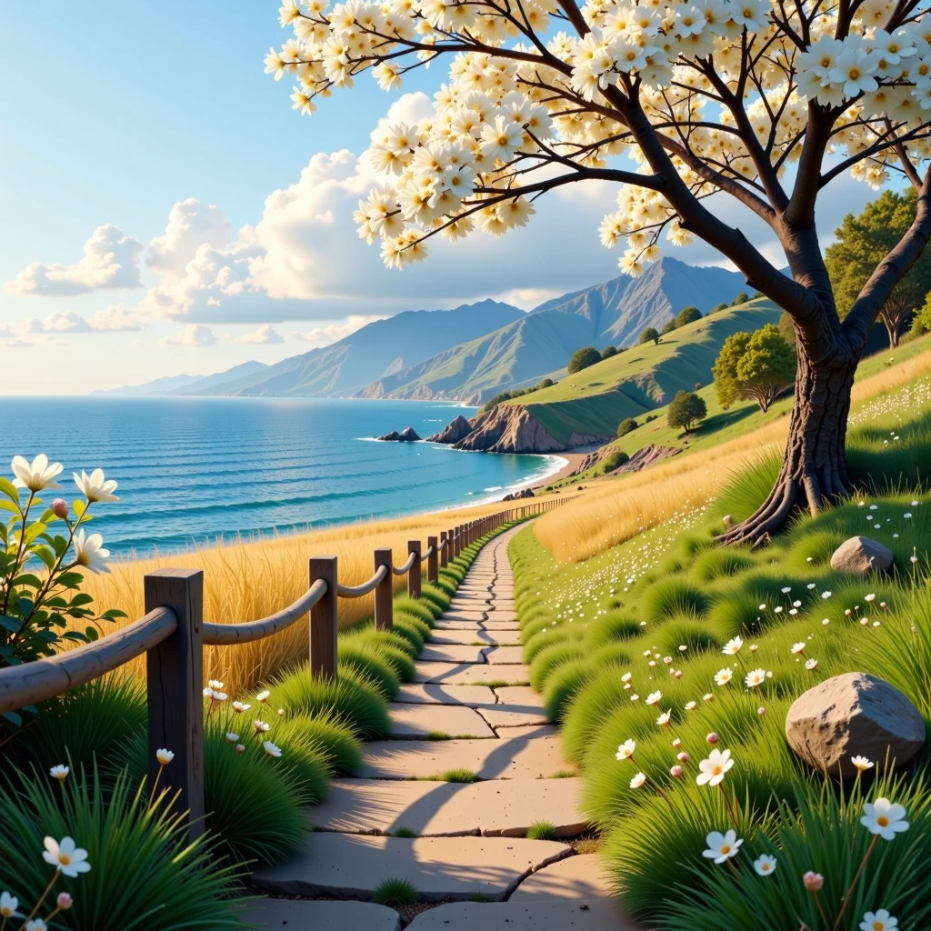 scenic landscape, long stone staircase descending towards the sea, wooden handrails on both sides, lush green grass, wild vegetation, flowering trees with white blossoms, golden tall grass fields, calm blue sea stretching to the horizon, distant islands and mountains in the background, cloudy sky, serene and peaceful atmosphere, natural outdoor setting, coastal scenery, spring season, panoramic view, rural countryside charm.