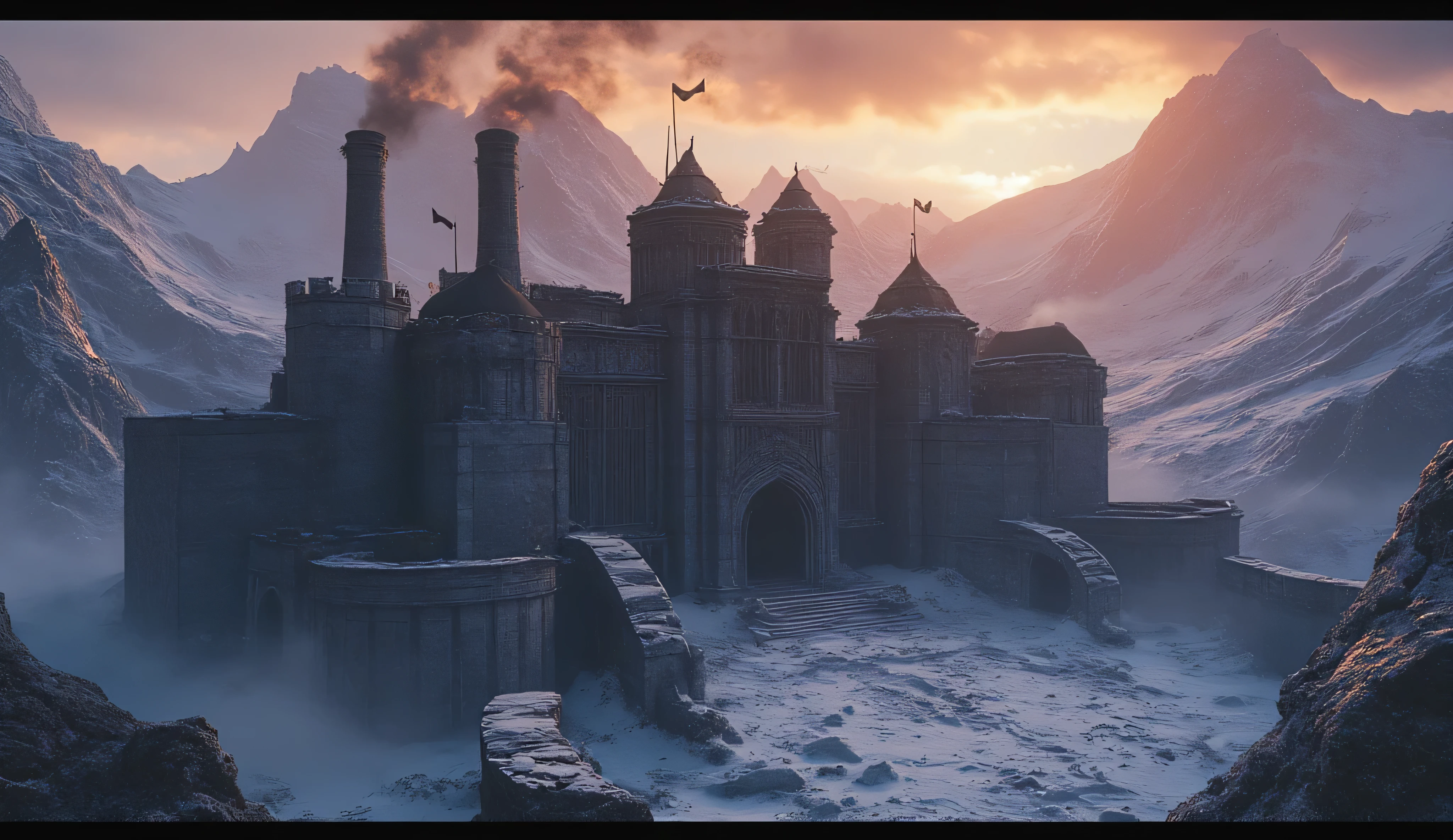 High snowy mountains, among which stands a huge stone fortress hung with black flags. A dwarven fortress with iron elements, large pipes and smoke from them. Sunset. Snowstorm.