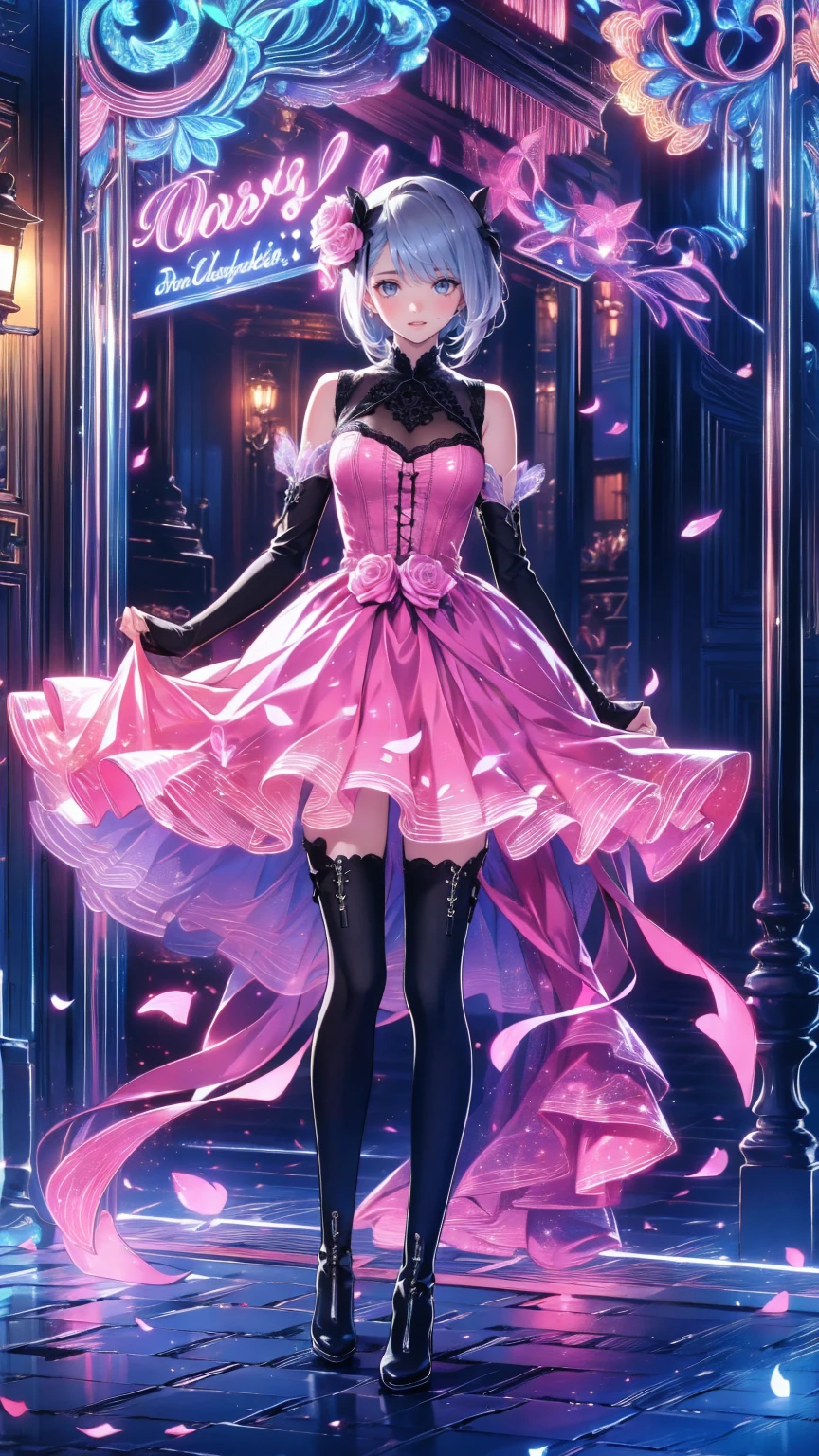 ( masterpiece : 1.2), (   very detailed: 1.2), (   very detailed CG: 1.2), (   high image quality: 1.2), (最   high image quality), 8k,   animated illustration  , 、   beautiful girls、とても cute天使、   pink gothic dress 、 cute、*********、smile、   long skirt、  Black Long Boots  、grey pink pants  ，Turquoise Eye， cute女性 *****，street，  Candy Store  ， sign，European Buildings，Slate pavement，Rose flower，
